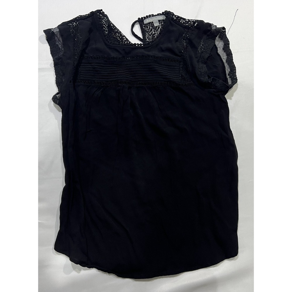 Daniel Rainn Blouse Womens Large Black Lace Trim Tie Back Pleated Boho Feminine